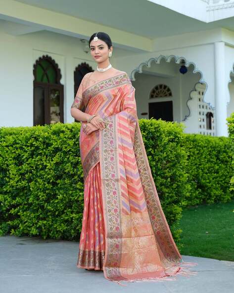 Banarasee Handwoven Semi-Chiffon Saree With Contrast Border & Gold Zar