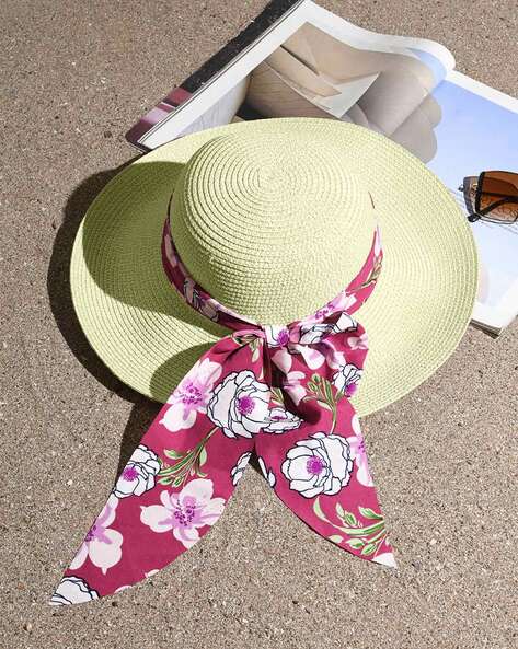 Women Beach Hat with Floral Printed Scarf