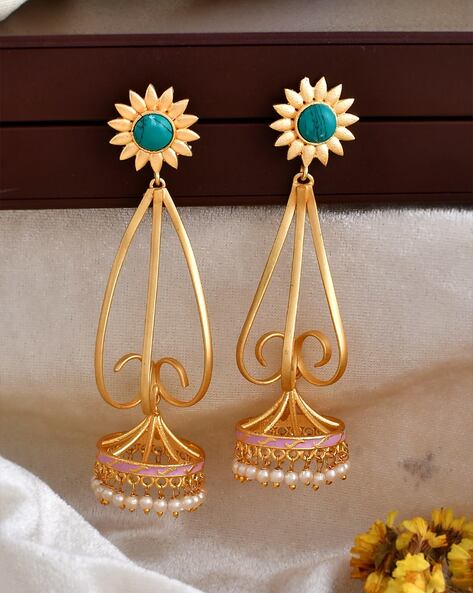 Gold Plated Brass CZ studded Flower Design Stud Cum Dangle Earrings For  Girls Women. at Rs 200/pair | NEAR COAT BHANDAR | Jaipur | ID: 23980280762