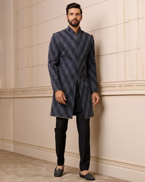 Buy Blue Sherwani: Silk; Trousers: Suiting Embroidered Set For Men by Qbik  Online at Aza Fashions.