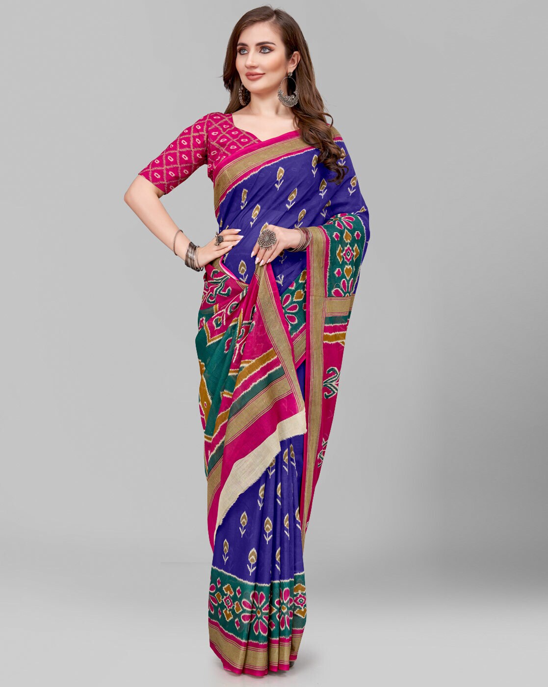 Buy Soft Indigo Cotton Saree with zari Border with Kalalmkari Blouse at  Amazon.in