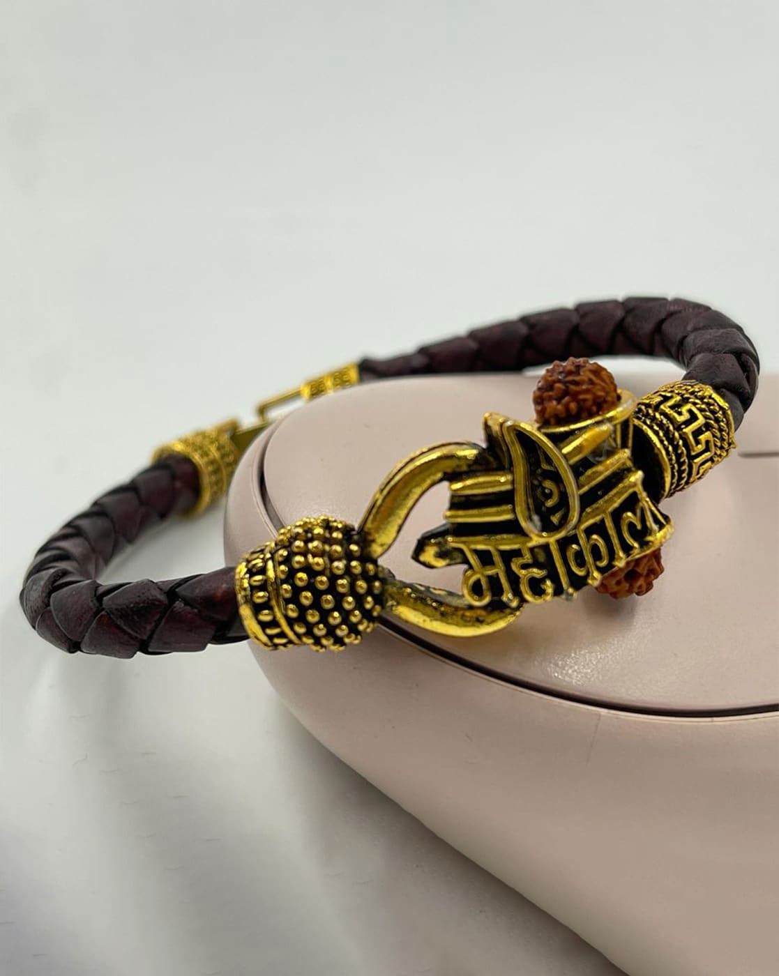 Designer OM Rudraksha Leather Bracelet Golden Lord Shiva Wrist Band  Religious | eBay