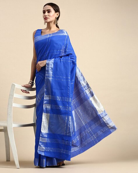 Bagh Hand Block Printed Cotton Saree - Black & Blue Vine