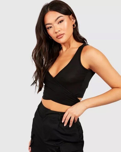 Buy IN MY BEAUTIFULLY WRAP-OVER BLACK, V-NECK, CROP TOP for Women Online in  India