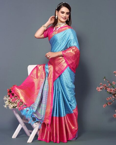 Buy Weaving Kanjivaram Silk Blue and Pink Saree : 245767 -