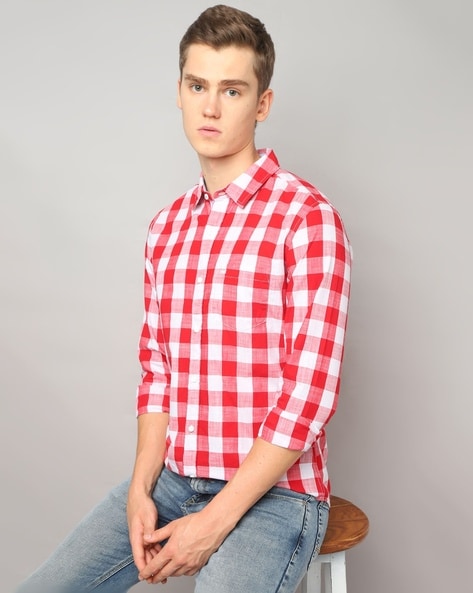 red color check shirt