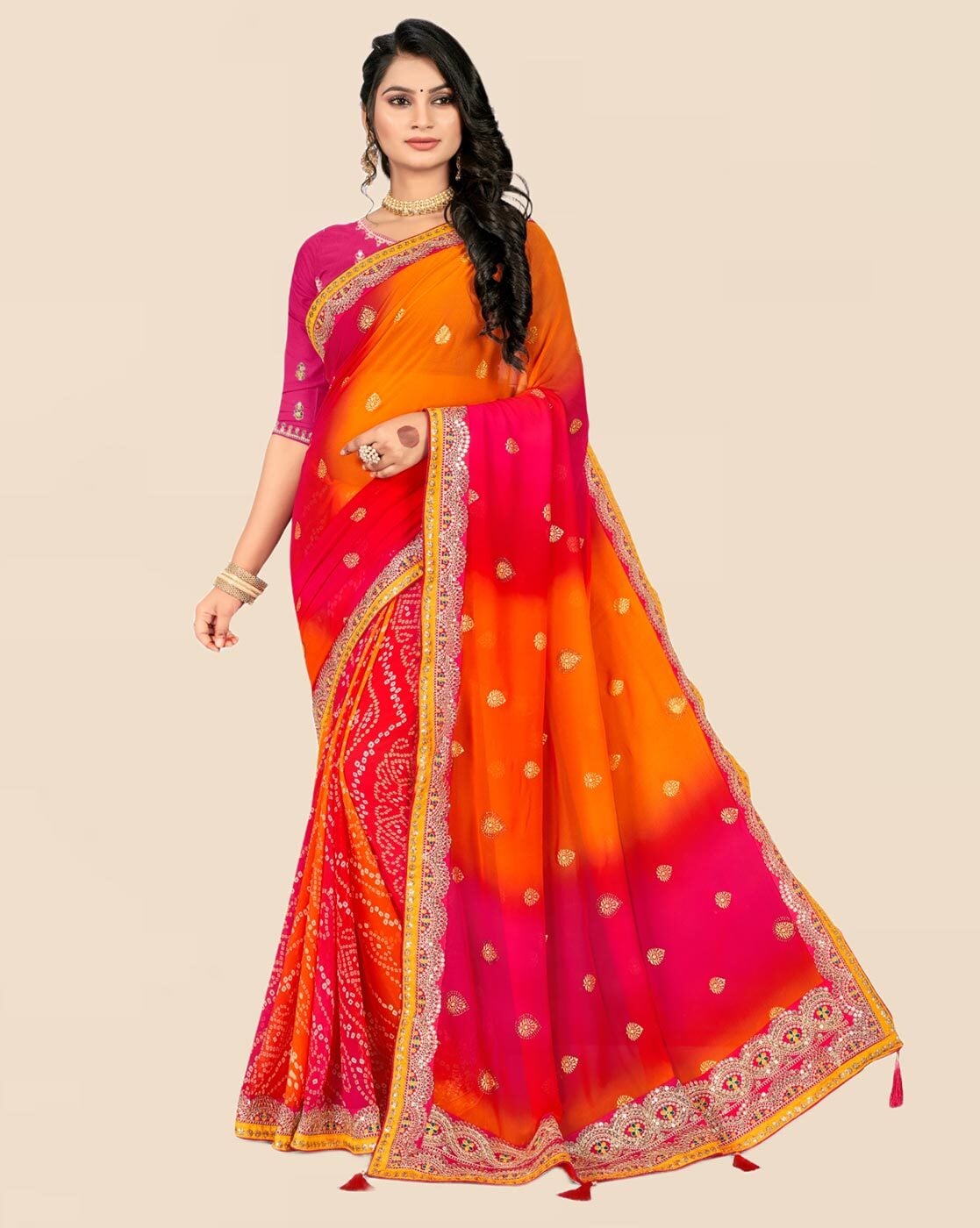 Buy Orange & Pink Sarees for Women by NIRGHOSH Online | Ajio.com