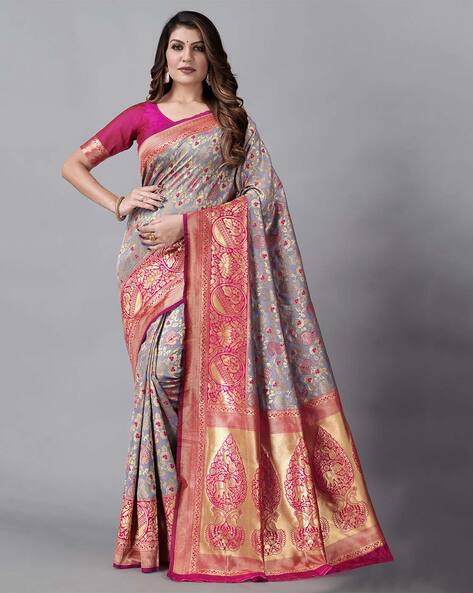 CHARUKRITI Grey & Pink Cotton Embroidered Saree With Unstitched Blouse