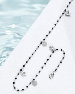 zavya Black Beads Sterling Silver Anklet with Heart Charms-picture-14