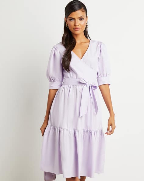 Wrap Front Puff Sleeves A-Line Midi Dress