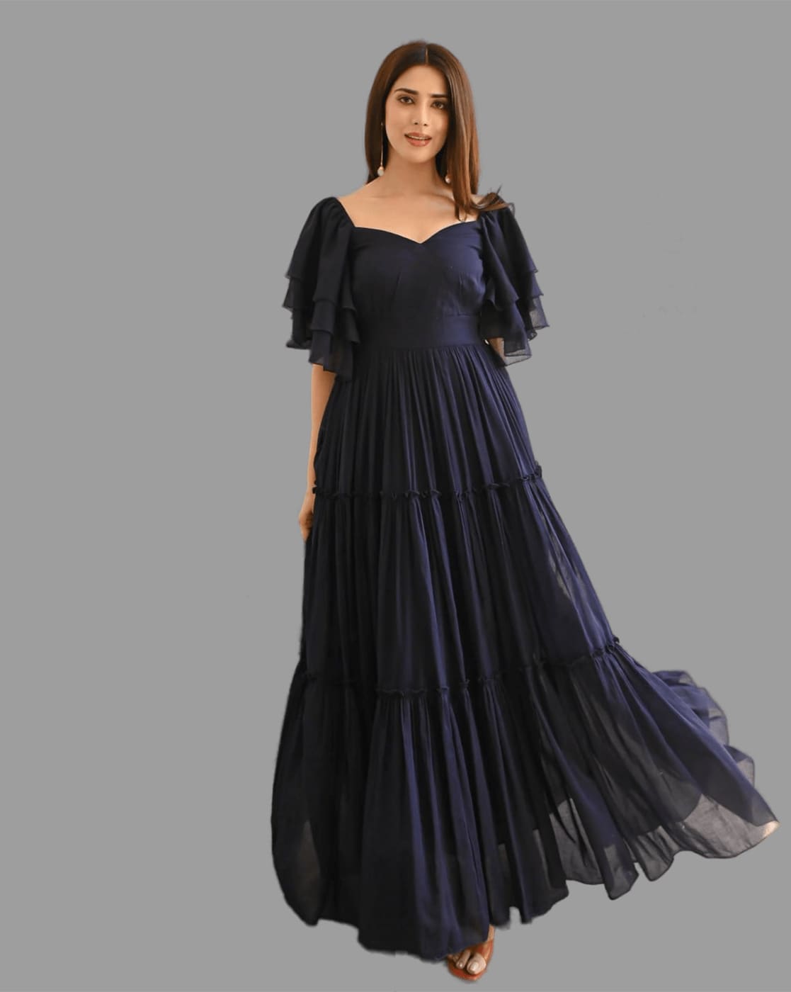 Buy Grey Butterfly Net Hand Embroidered Abstract Motifs Round Gown For  Women by Roqa Online at Aza Fashions.