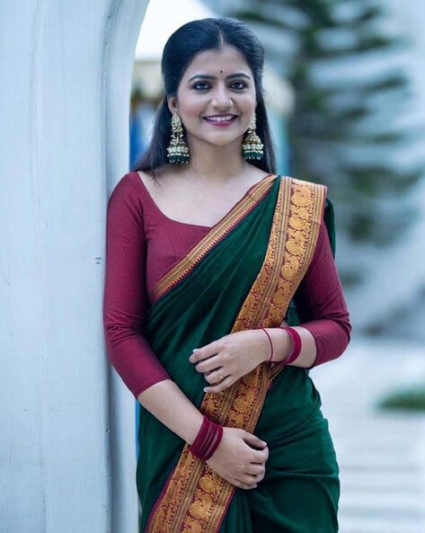 Peacock Blue with Manthulir Green Semi - Silk Saree