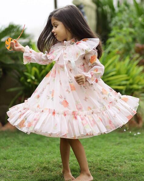 Buy Janyas Closet Floral Print A line Dress Peach Color Girls