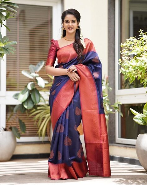 Fabulous Parrot Green Color Soft Silk Base Ceremonial Wear Saree With Navy  Blue Color Blouse