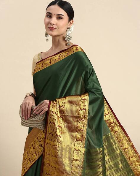 Woven Cotton Silk Saree in Dark Green : SUJ117