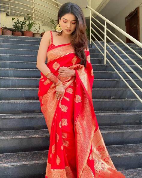 Red Saree in Soft Silk For Women - Clothsvilla