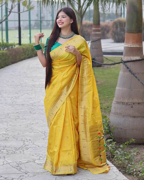 Exclusive green Khun saree with Banarasi combination and yellow border –  Sujatra