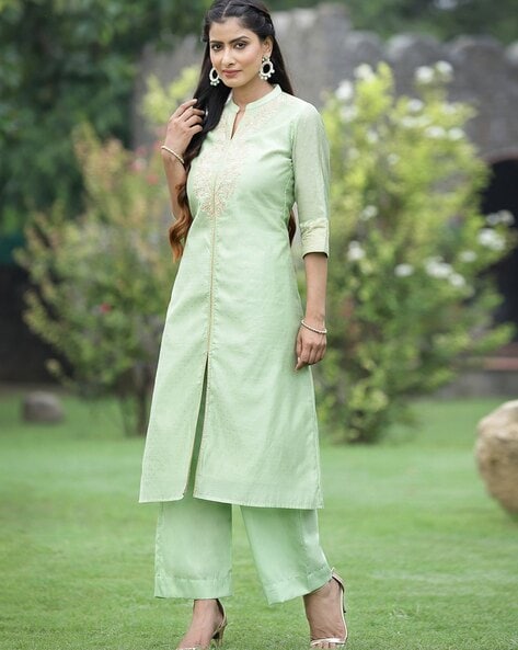 Buy A Straight Checks Weave Chanderi Kurta And Pants With Embroidery Online