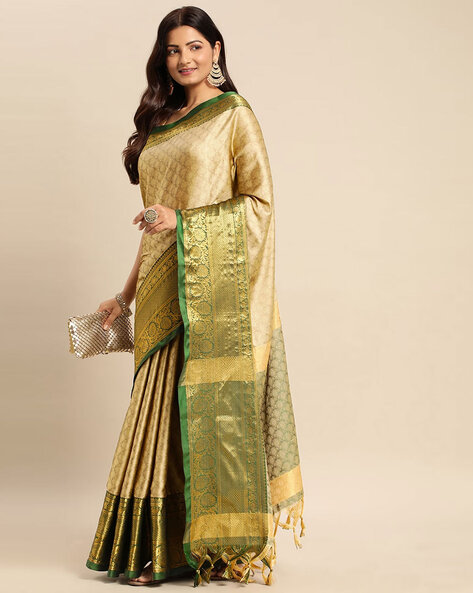 Banarasee Handwoven Semi-Chiffon Saree With Contrast Border & Gold Zar