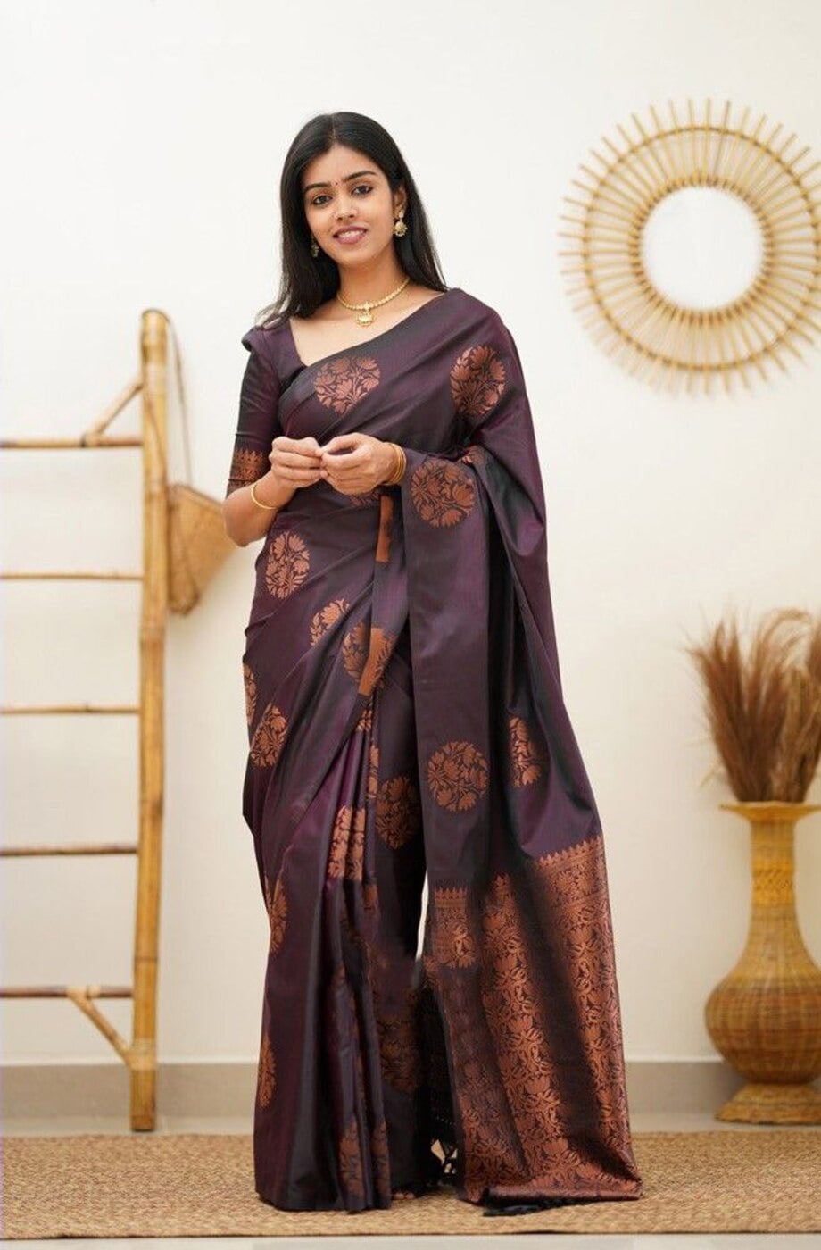 Brown Banarasi Silk Saree with Contrast Unstitched Blouse – Seasons Chennai