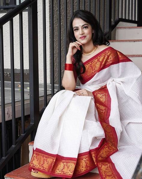 Mitera Off White Red Silk Blend Woven Design Kanjeevaram Saree 10009279.htm  - Buy Mitera Off White Red Silk Blend Woven Design Kanjeevaram Saree  10009279.htm online in India