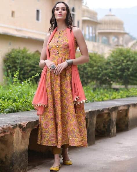 Floral Print Anarkali Kurta with Pants & Dupatta