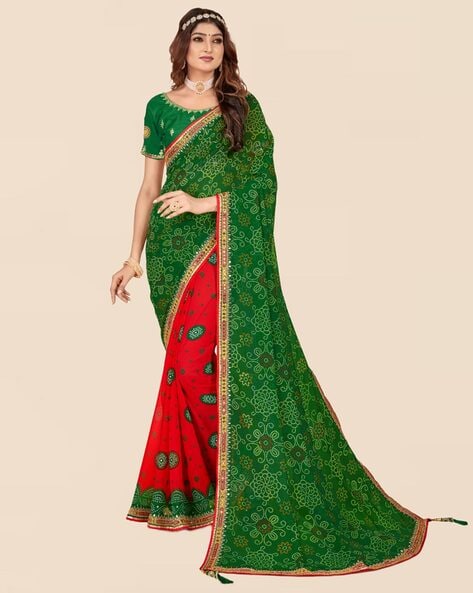 Red And Green Color Silk Base Silk Weave Half And Half Saree