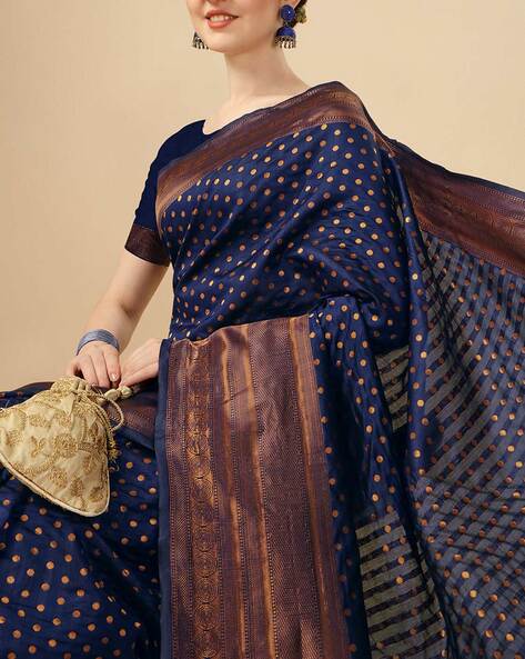 Shop Navy Blue Banarasi Strappy Sari Blouse Online in USA