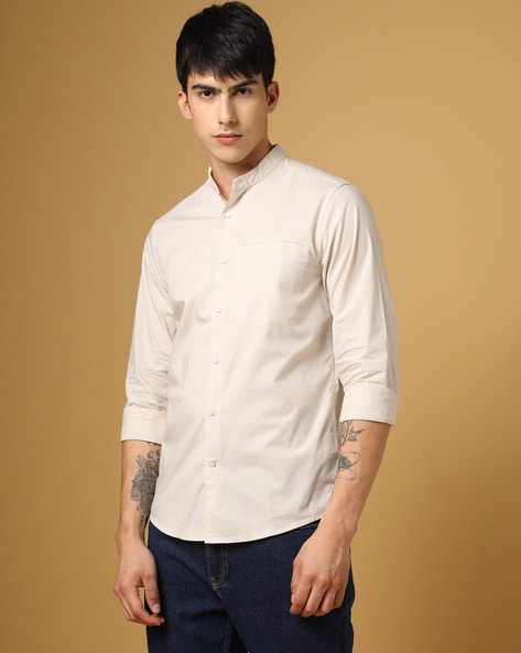 Cotton Shirt with Band Collar