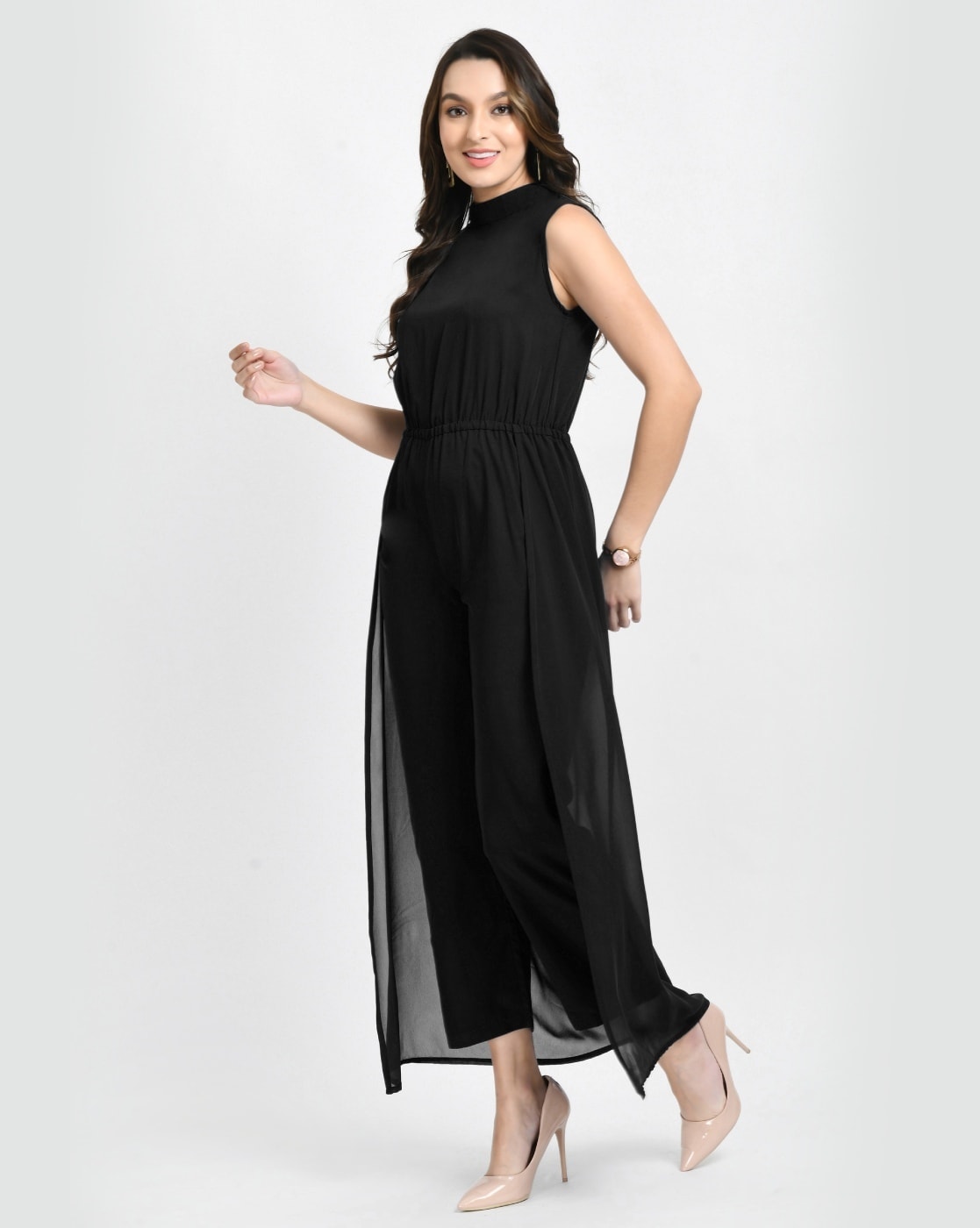 Overlay embellished split neck cheap black jumpsuit