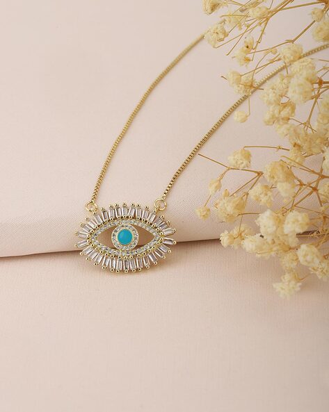 Multi cz evil eye necklace with coloured mother of pearl element and  sapphire blue drop -