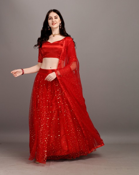 Alluring Scarlet-red lotas floral printed and sequins embroidered georgette Lehenga  choli for bride - MEGHALYA - 3800251