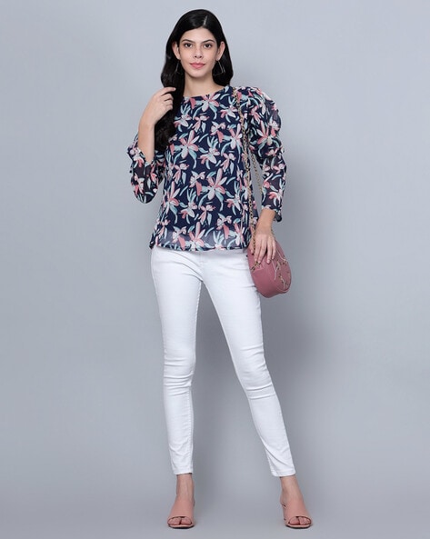 Navy Blue Georgette Floral Print Top VT1187 – Ahika