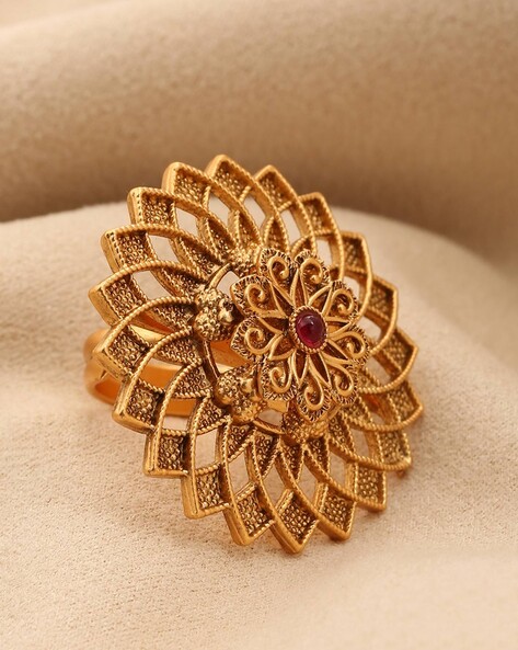 Gold Plated Red Zircon AD Studded Cocktail Ring - Adjustable - Beatnik