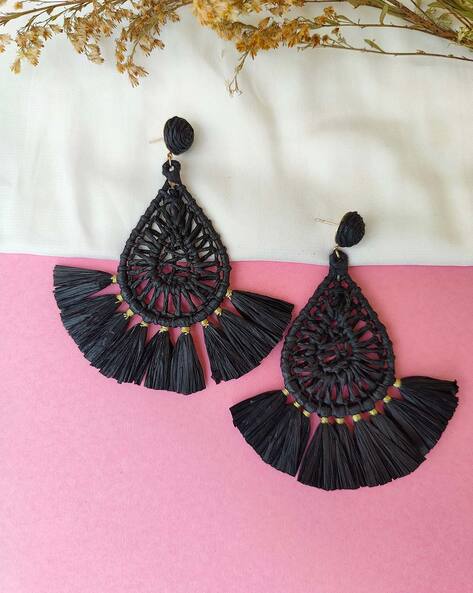 Black/Multi Color Heart Seed Bead Tassel Drop Earrings - EAR4205BK