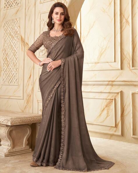 MIRCHI FASHION Women's Plain Weave Chiffon Contrast Border Printed Saree  with Blouse Piece (33034-Golden, Brown) : Amazon.in: Fashion