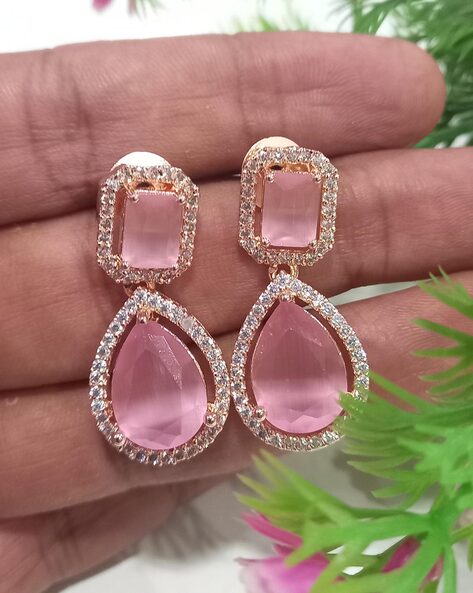 Shop Rubans Gold Plated Drop Earrings With Studded Pink And White Stones  Online at Rubans