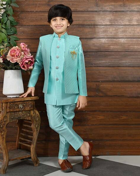 Black Plain Dupion Silk Kids Sherwani In Nehru Jacket 358KW24