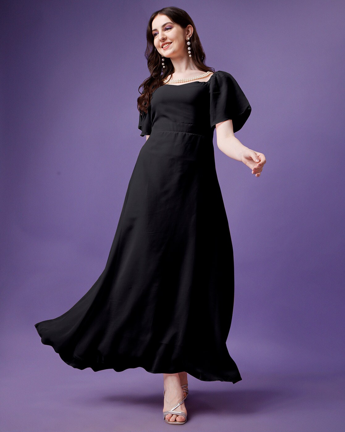Black Color Foil Printed Dola Silk Dress – Yana Fab