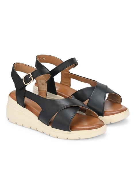 Women's Black Wedge Heeled Sandals Casual Slip Platform - Temu