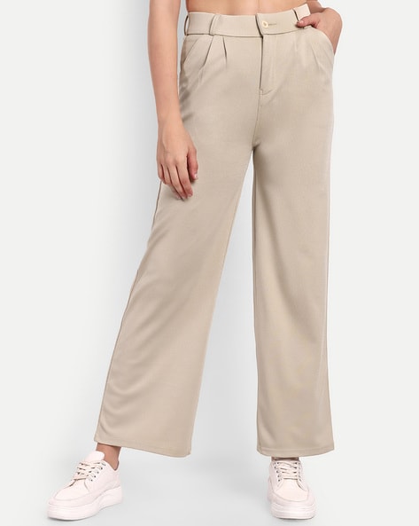 Cream Contrast Waistband Wide Leg Pants | Lime Lush