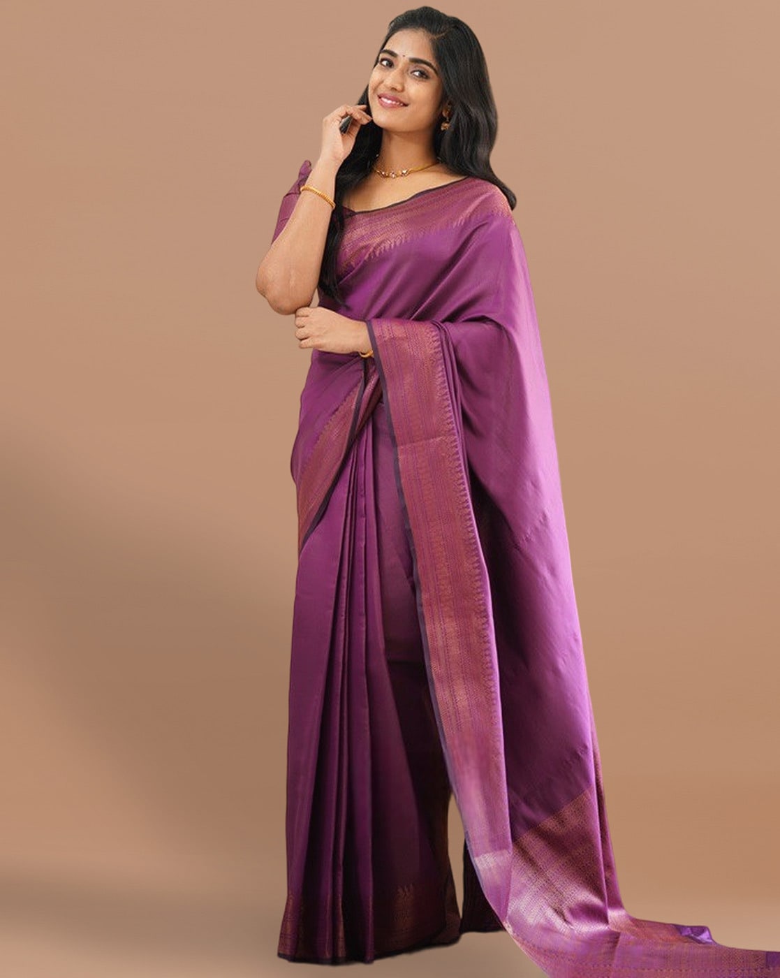 Saree Silk Purple With Blouse plain silk saree, simple palin saree, plain  saree georgette,plain saree