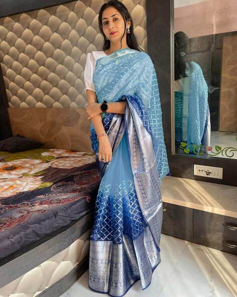 Thread sequence work on premium organza sky blue saree - ShopLance