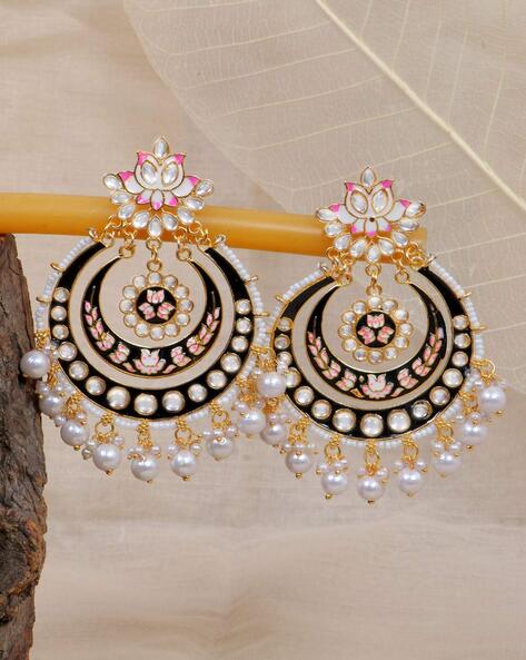 Dark Pink Color Kundan Pearl Studded Chandbali Earrings | FashionCrab.com