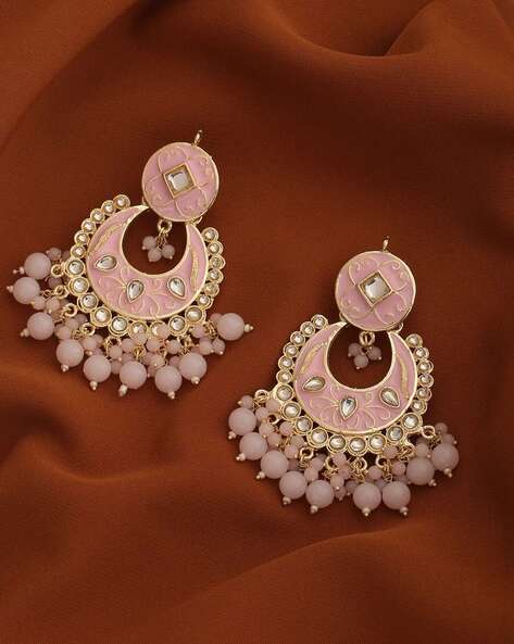Platinum plated fancy cut cz earrings with baby pink drops -