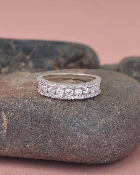 Round Diamond Wedding Ring Solid 14K White gold Full Eternity Bezel  Infinity Stacking Matching Band