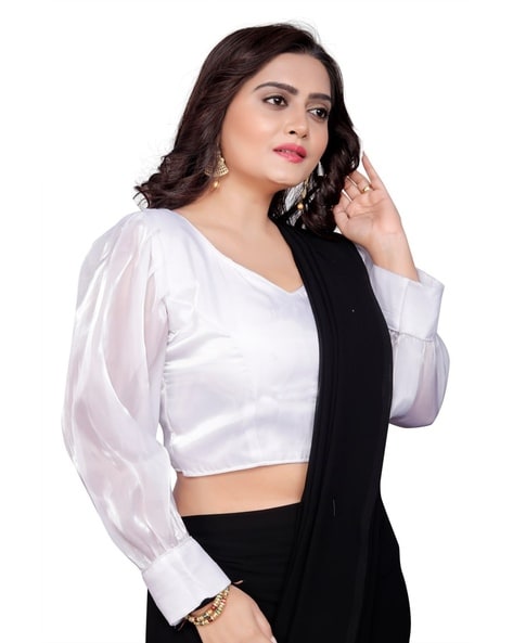 White cat Saree with pompom lace & contrast Sequins work Blouse –  Prititrendz