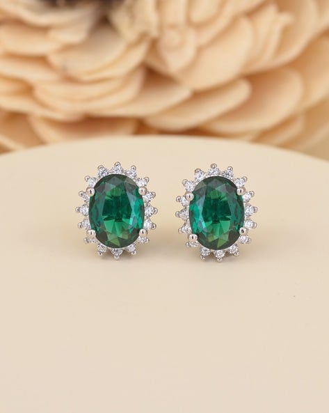 925 Sterling Silver Oval Shape Green Emerald Stud Earrings
