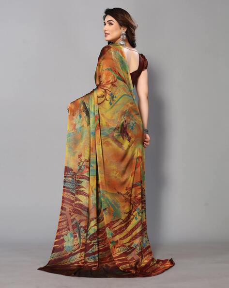 Sushila Vintage Light Orange Saree Pure Silk Printed Floral Soft Craft