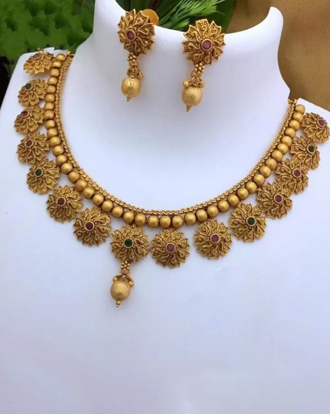 22K Yellow Gold Necklace & Earrings Set W/ CZ, Ruby, Emerald, Pearls & –  Virani Jewelers